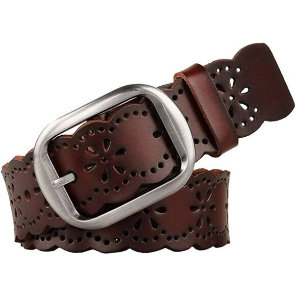 Accessories - Women's Hollow Flower Genuine Leather Belt Jeans Pants Wide Belt For Ladies